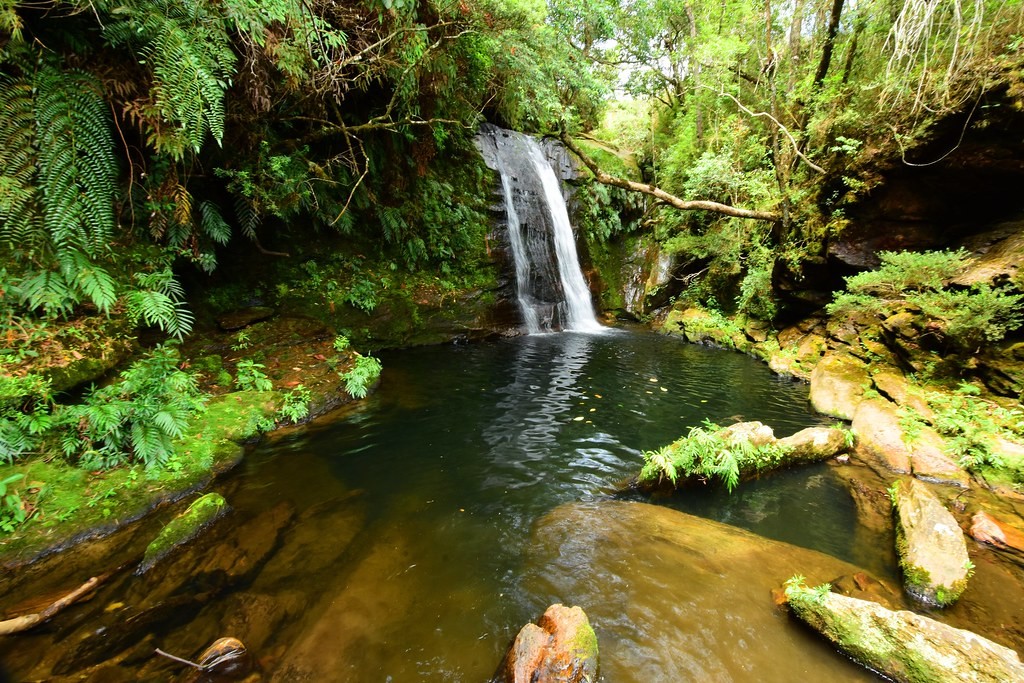 Cachoeira da Jandira em Luminárias, MG, destacando sua queda d'água cercada por vegetação exuberante.