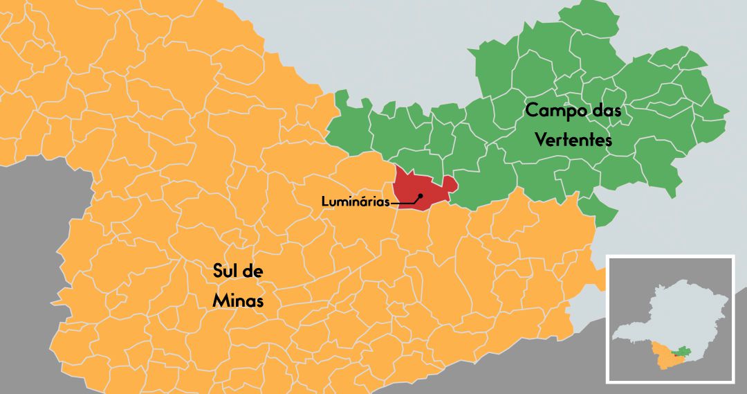 Mapa das regiões do sul de minas e Campos das Vertentes com Luminárias em destaque