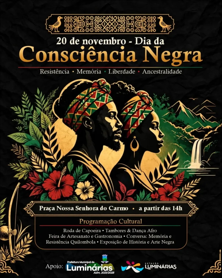 Banner do Dia da Consciência Negra em Luminárias, MG, em 20 de novembro de 2026