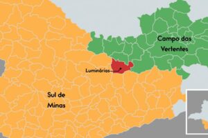 Mapa das regiões do sul de minas e Campos das Vertentes com Luminárias em destaque