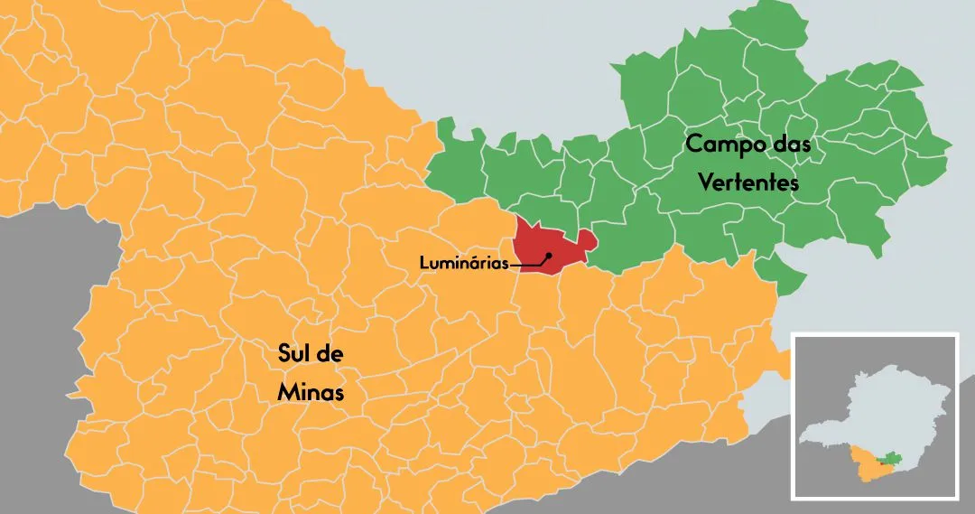 Mapa das regiões do sul de minas e Campos das Vertentes com Luminárias em destaque